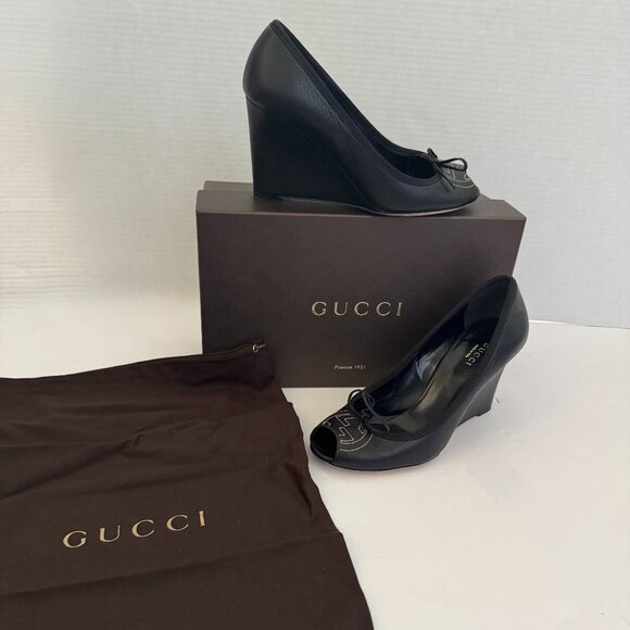 Gucci Black Leather Peep-toe Wedge Pumps with Box and Dust bag - Picture 7 of 9
